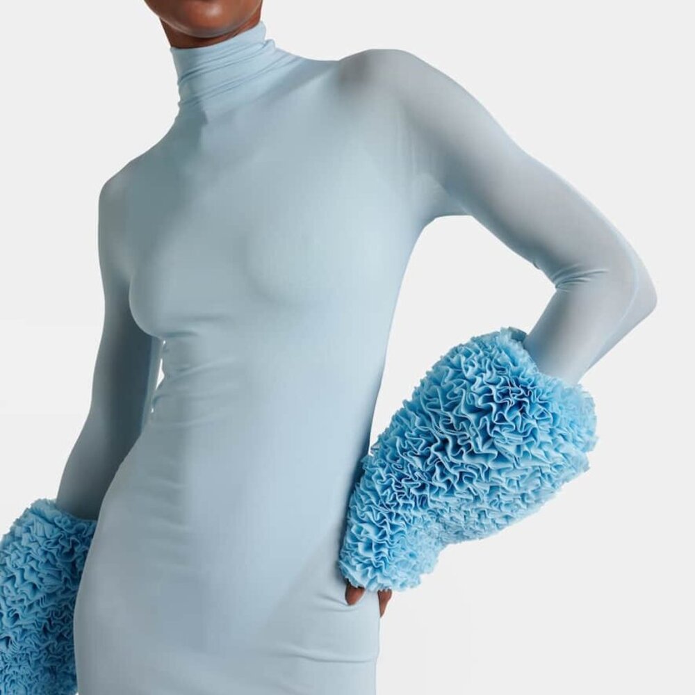 New Alaia Ruffle Dress in Ciel blue long sleeve maxi jersey bodycon - Picture 9 of 15
